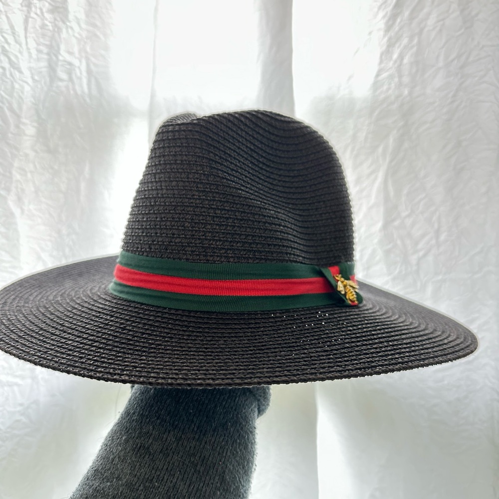 Designer Copy - Black Straw Fedora with Green and Red Bee Band - Picture 2 of 6